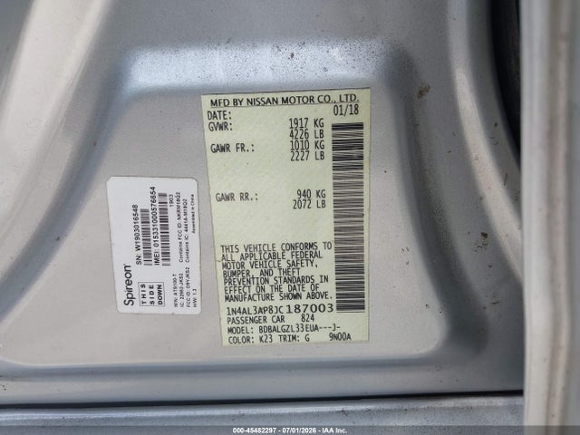 2018 Nissan Altima 2.5 S მანქანა იყიდება აუქციონზე, vin: 1N4AL3AP8JC187003, აუქციონის ნომერი: 45482297