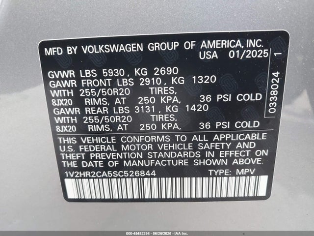 45482298 :رقم المزاد ، 1V2HR2CA5SC526844 vin ، 2025 Volkswagen Atlas 2.0t Se W/technology مزاد بيع