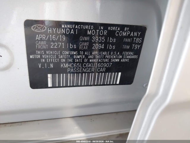 Продажа на аукционе авто 2019 Hyundai Ioniq Hybrid Blue, vin: KMHC65LC6KU160907, номер лота: 45482310
