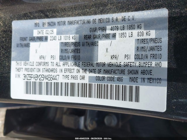 45482326 :رقم المزاد ، 3MZBPABM2SM468447 vin ، 2025 Mazda Mazda3 2.5 S Select Sport مزاد بيع