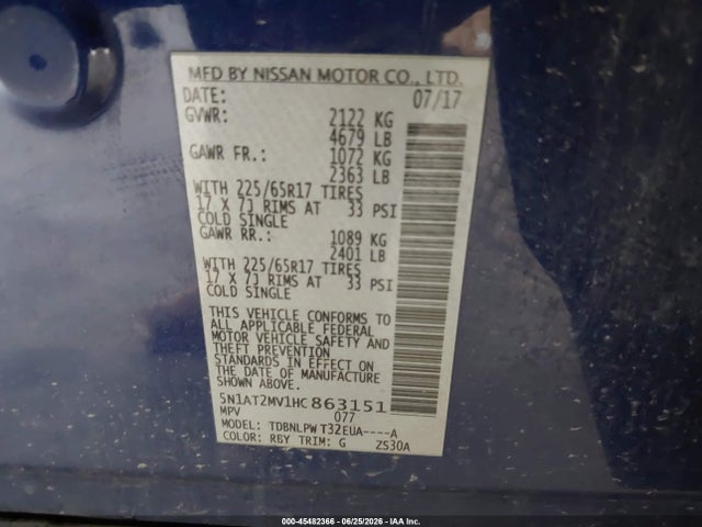 Продажа на аукционе авто 2017 Nissan Rogue S, vin: 5N1AT2MV1HC863151, номер лота: 45482366