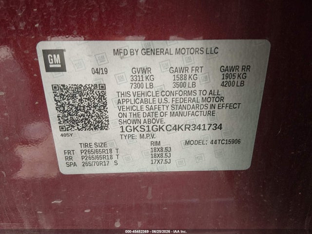 Aukcja sprzedaży 2019 Gmc Yukon Xl Slt, vin: 1GKS1GKC4KR341734, numer aukcji: 45482369