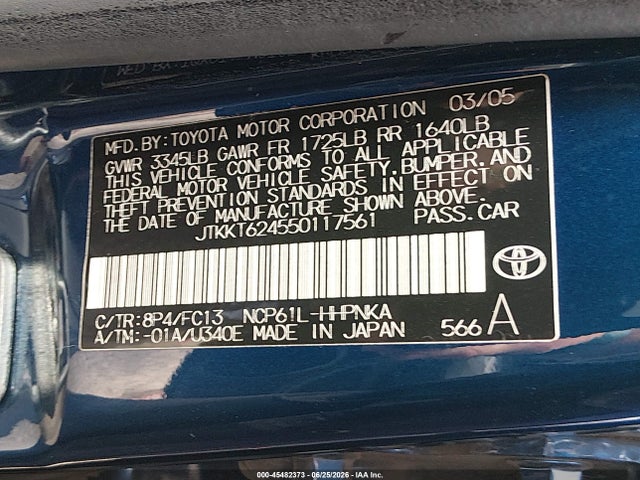45482373 :رقم المزاد ، JTKKT624550117561 vin ، 2005 Scion Xa مزاد بيع