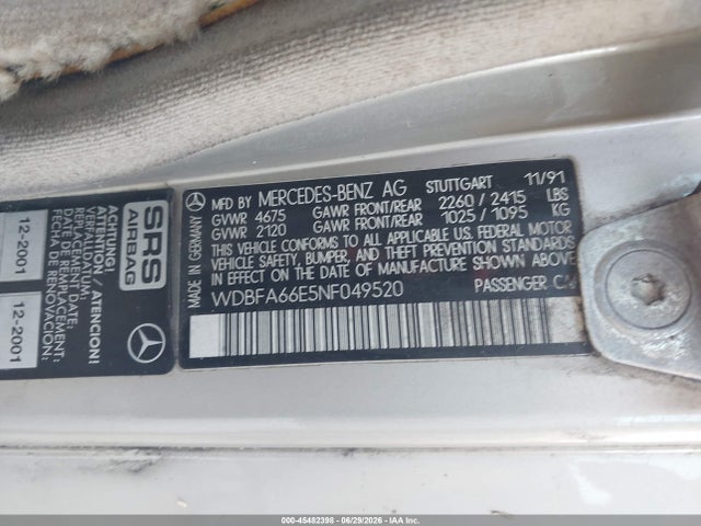 Aukcja sprzedaży 1992 Mercedes-benz 500 Sl, vin: WDBFA66E5NF049520, numer aukcji: 45482398