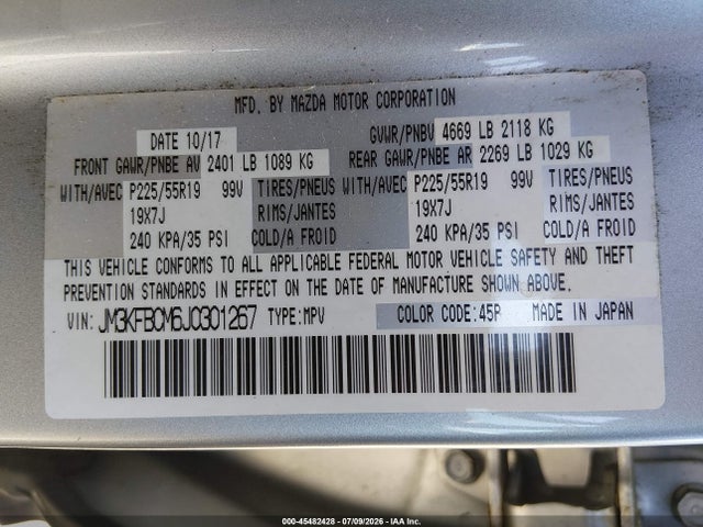 Aukcja sprzedaży 2018 Mazda Cx-5 Touring, vin: JM3KFBCM6J0301267, numer aukcji: 45482428
