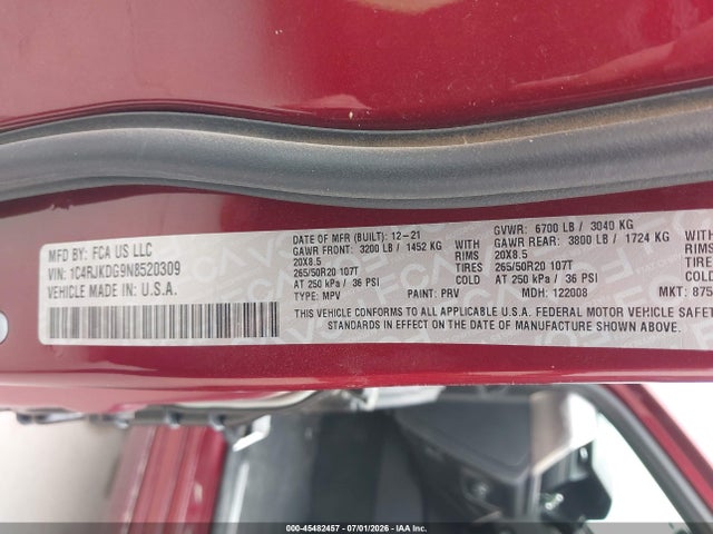 45482457 :رقم المزاد ، 1C4RJKDG9N8520309 vin ، 2022 Jeep Grand Cherokee L Overland 4x4 مزاد بيع