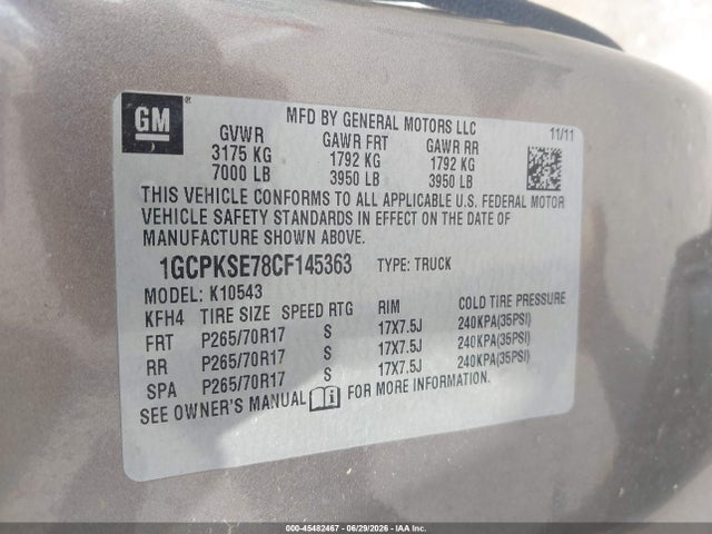 45482467 :رقم المزاد ، 1GCPKSE78CF145363 vin ، 2012 Chevrolet Silverado 1500 Lt مزاد بيع