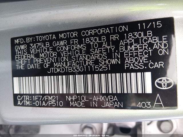 Toyota Prius C Two 2016 JTDKDTB33G1115251 Image 9
