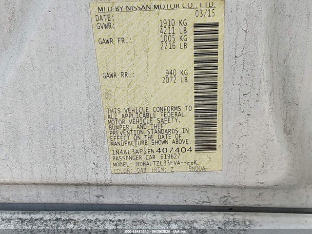 Продажа на аукционе авто 2015 Nissan Altima 2.5 Sl, vin: 1N4AL3AP5FN407404, номер лота: 45482543