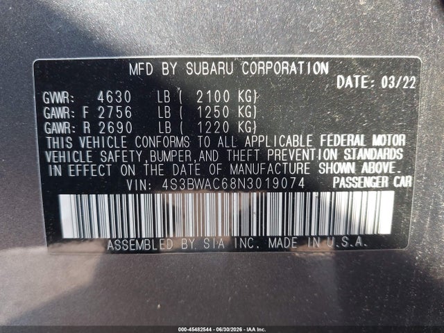 Продажа на аукционе авто 2022 Subaru Legacy Premium, vin: 4S3BWAC68N3019074, номер лота: 45482544