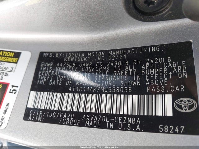 Aukcja sprzedaży 2021 Toyota Camry Le, vin: 4T1C11AK7MU558096, numer aukcji: 45482593