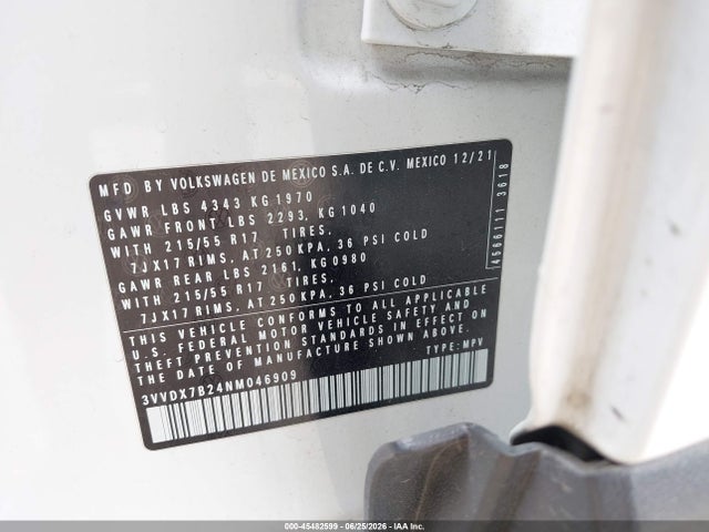 2022 Volkswagen Taos 1.5t S მანქანა იყიდება აუქციონზე, vin: 3VVDX7B24NM046909, აუქციონის ნომერი: 45482599