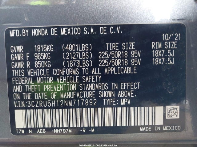 3CZRU5H12NM717892 Honda Hr-v 2wd Sport