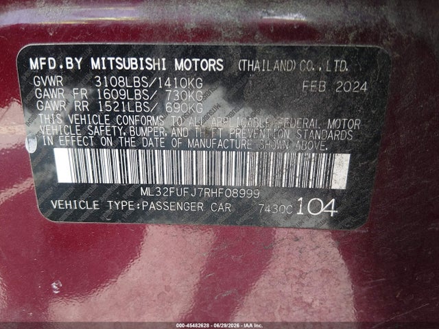 Aukcja sprzedaży 2024 Mitsubishi Mirage G4 Es, vin: ML32FUFJ7RHF08999, numer aukcji: 45482628