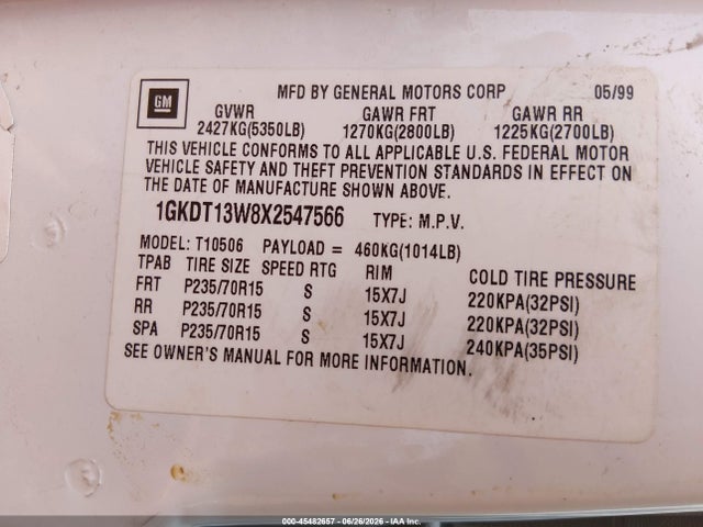 Продаж на аукціоні авто 1999 Gmc Jimmy Slt, vin: 1GKDT13W8X2547566, номер лоту: 45482657