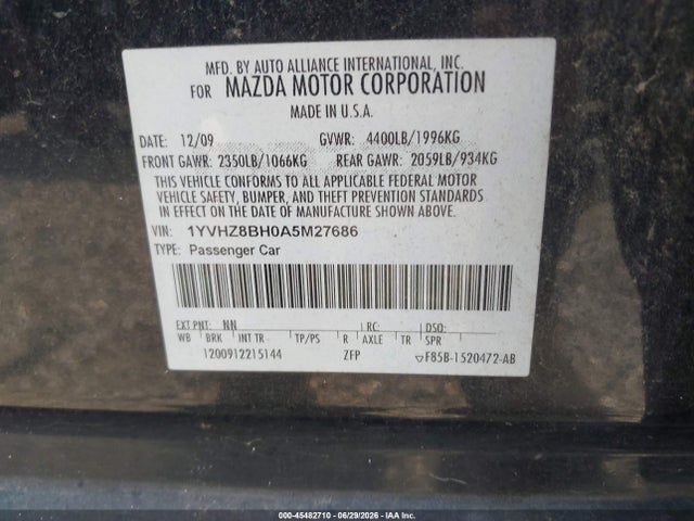 45482710 :رقم المزاد ، 1YVHZ8BH0A5M27686 vin ، 2010 Mazda Mazda6 I Sport مزاد بيع
