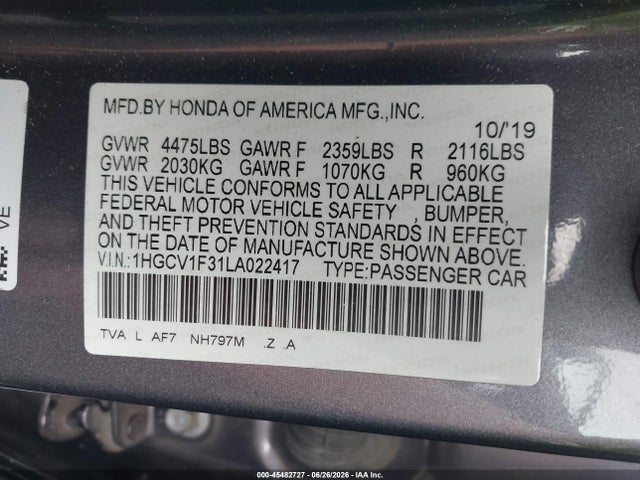 1HGCV1F31LAO22417 Honda Accord Sport