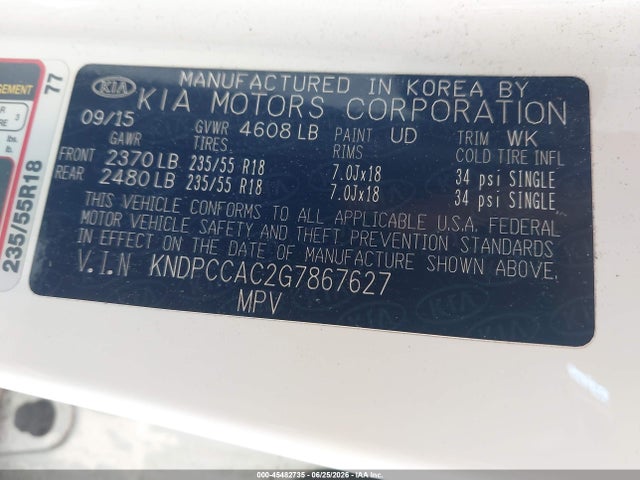 45482735 :رقم المزاد ، KNDPCCAC2G7867627 vin ، 2016 Kia Sportage Ex مزاد بيع