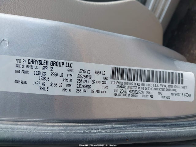 Продаж на аукціоні авто 2012 Chrysler Town & Country Touring, vin: 2C4RC1BG3CR327727, номер лоту: 45482760