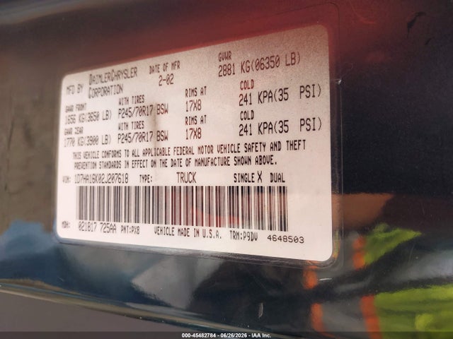 2002 Dodge Ram 1500 St მანქანა იყიდება აუქციონზე, vin: 1D7HA16K02J207618, აუქციონის ნომერი: 45482784