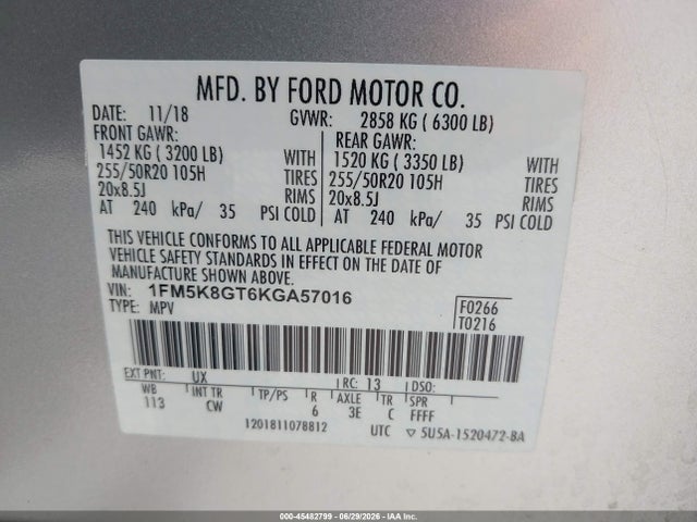 45482799 :رقم المزاد ، 1FM5K8GT6KGA57016 vin ، 2019 Ford Explorer Sport مزاد بيع