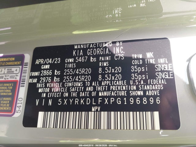 45482818 :رقم المزاد ، 5XYRKDLFXPG196896 vin ، 2023 Kia Sorento X-line Sx Prestige مزاد بيع