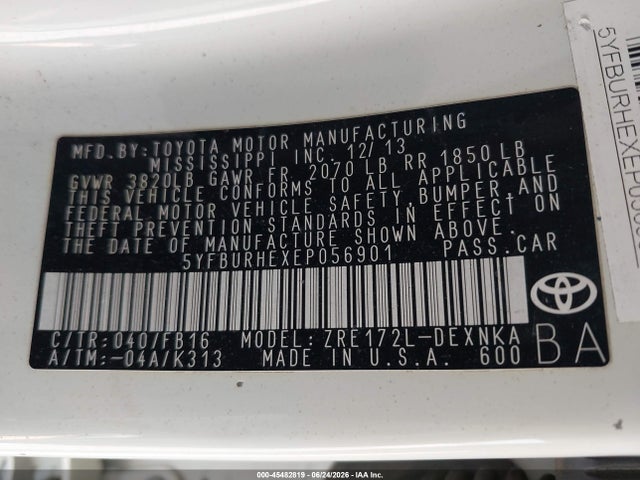 5YFBURHEXEP056901 Toyota Corolla Le Plus