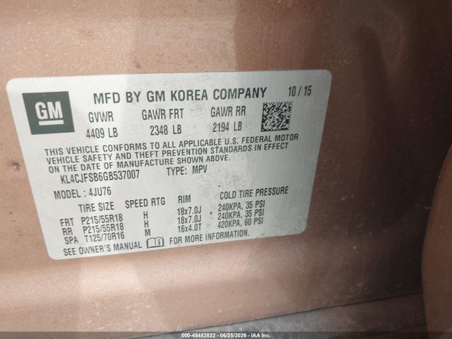 2016 Buick Encore Convenience მანქანა იყიდება აუქციონზე, vin: KL4CJFSB6GB537007, აუქციონის ნომერი: 45482822