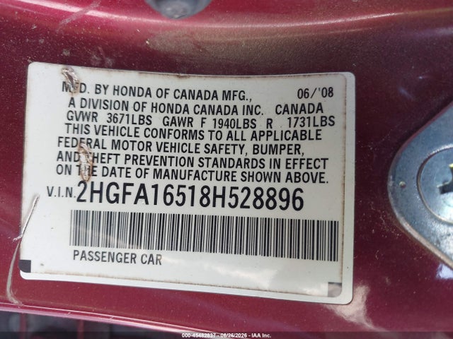 45482837 :رقم المزاد ، 2HGFA16518H528896 vin ، 2008 Honda Civic Lx مزاد بيع