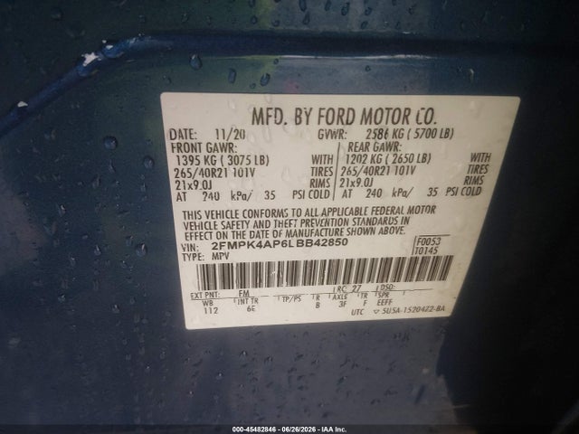 2020 Ford Edge St მანქანა იყიდება აუქციონზე, vin: 2FMPK4AP6LBB42850, აუქციონის ნომერი: 45482846