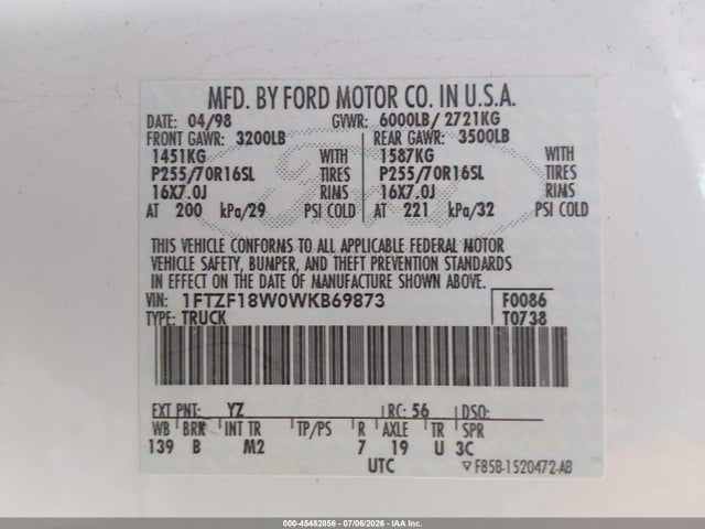 Продаж на аукціоні авто 1998 Ford F-150 Lariat/standard/xl/xlt, vin: 1FTZF18W0WKB69873, номер лоту: 45482856