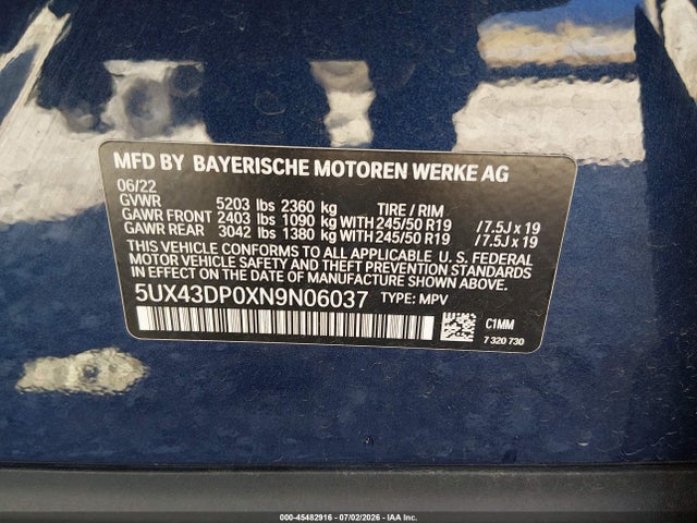 Продаж на аукціоні авто 2022 Bmw X3 Sdrive30i, vin: 5UX43DP0XN9N06037, номер лоту: 45482916