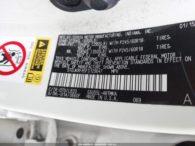 2015 Toyota Highlander Xle V6 მანქანა იყიდება აუქციონზე, vin: 5TDJKRFH5FS129647, აუქციონის ნომერი: 45482935