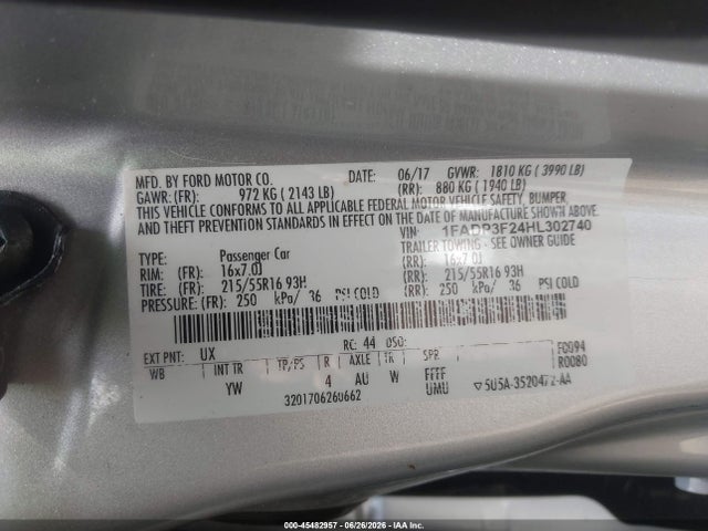 45482957 :رقم المزاد ، 1FADP3F24HL302740 vin ، 2017 Ford Focus Se مزاد بيع