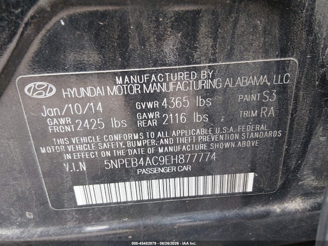 45482979 :رقم المزاد ، 5NPEB4AC9EH877774 vin ، 2014 Hyundai Sonata Gls مزاد بيع