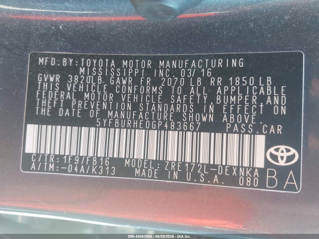 5YFBURHE0GP483667 Toyota COROLLA LE