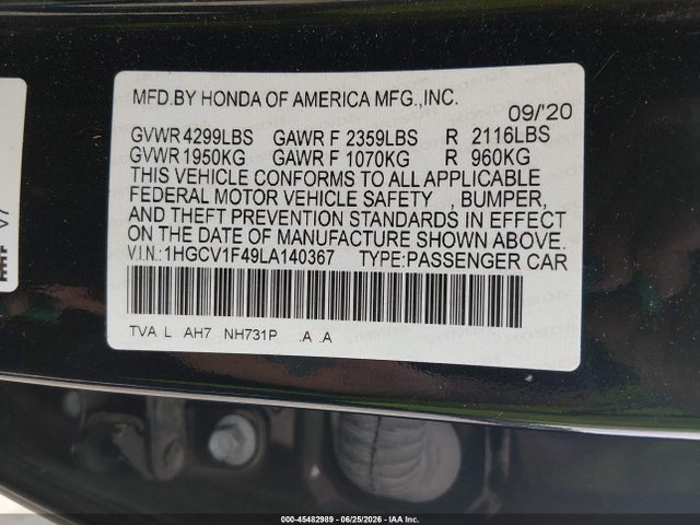 Aukcja sprzedaży 2020 Honda Accord Ex, vin: 1HGCV1F49LA140367, numer aukcji: 45482989