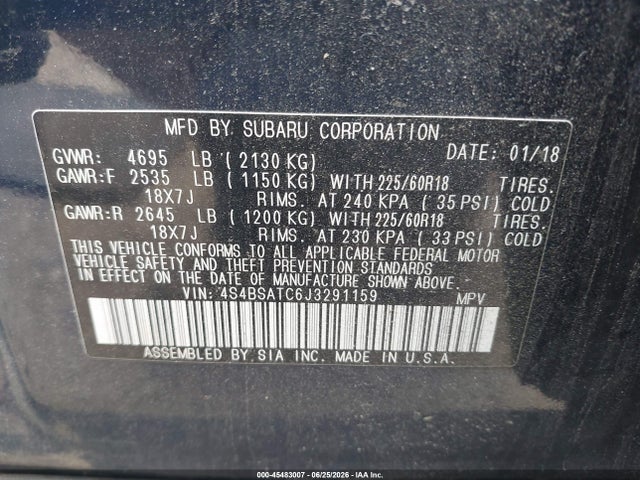 45483007 :رقم المزاد ، 4S4BSATC6J3291159 vin ، 2018 Subaru Outback 2.5i Touring مزاد بيع