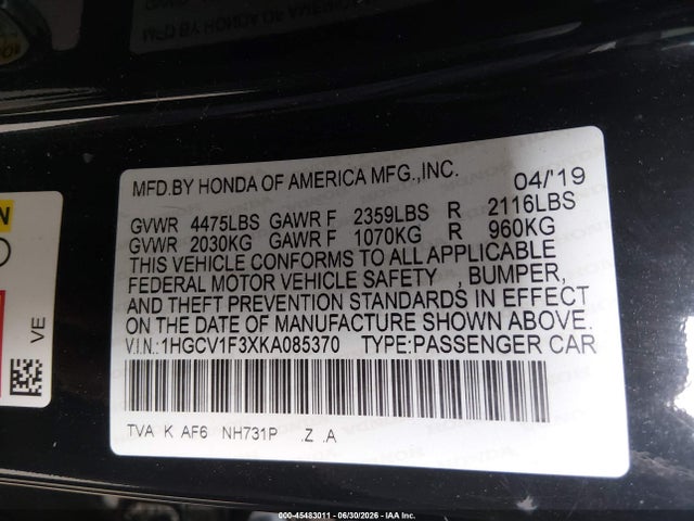 1HGCV1F3XKA085370 Honda Accord Sport