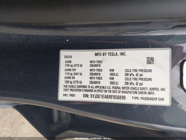 5YJ3E1EA8RF858899 Tesla Model 3 Long Range Dual Motor All-wheel Drive/rear-wheel Drive