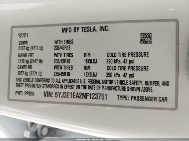 Tesla Model 3 Rear-wheel Drive 2022 5YJ3E1EA2NF123751 Image 9