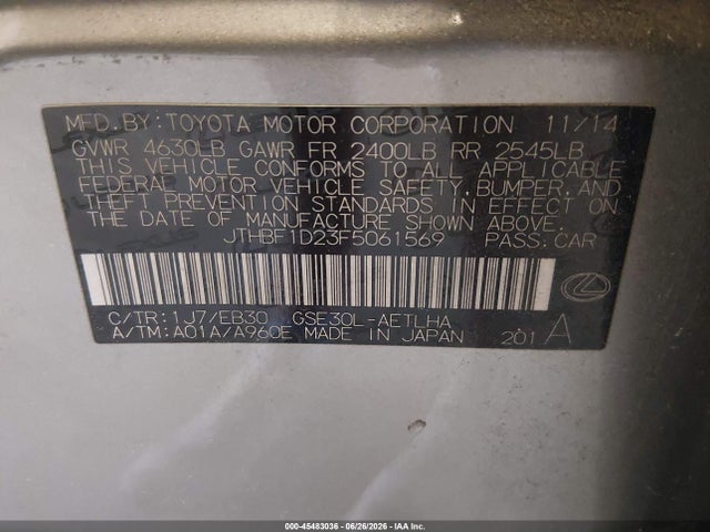 45483036 :رقم المزاد ، JTHBF1D23F5061569 vin ، 2015 Lexus Is 250 مزاد بيع