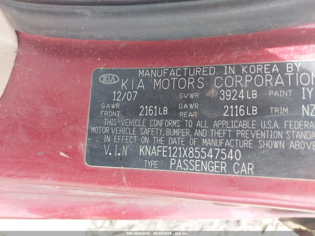 Продаж на аукціоні авто 2008 Kia Spectra Ex, vin: KNAFE121X85547540, номер лоту: 45483042