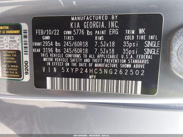 45483064 :رقم المزاد ، 5XYP24HC5NG262502 vin ، 2022 Kia Telluride Lx مزاد بيع