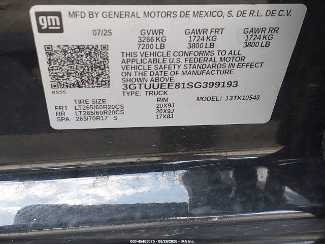 Aukcja sprzedaży 2025 Gmc Sierra 1500 4wd  Short Box At4, vin: 3GTUUEE81SG399193, numer aukcji: 45483075