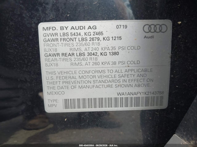 2019 Audi Q5 45 Premium მანქანა იყიდება აუქციონზე, vin: WA1ANAFY1K2143758, აუქციონის ნომერი: 45483084