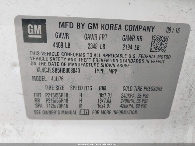 Aukcja sprzedaży 2017 Buick Encore Preferred, vin: KL4CJESB5HB008840, numer aukcji: 45483104