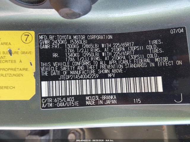 Auction sale of the 2004 Toyota Highlander Limited V6, vin: JTEDP21A540042259, lot number: 45483118