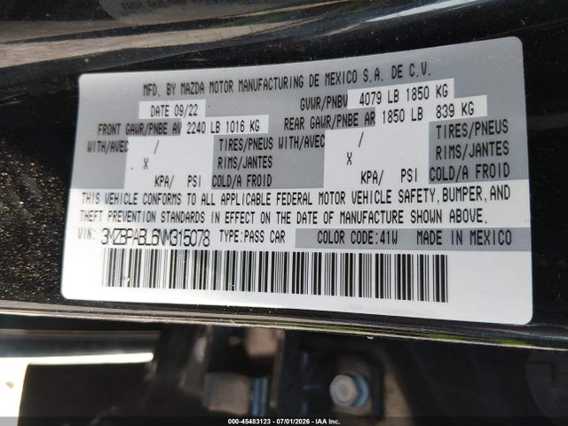 2022 Mazda Mazda3 Select მანქანა იყიდება აუქციონზე, vin: 3MZBPABL6NM315078, აუქციონის ნომერი: 45483123