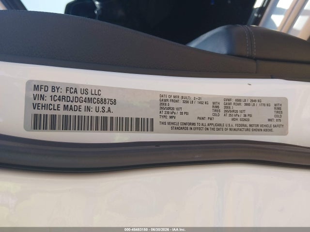 Продажа на аукционе авто 2021 Dodge Durango Gt Plus Awd, vin: 1C4RDJDG4MC688758, номер лота: 45483150